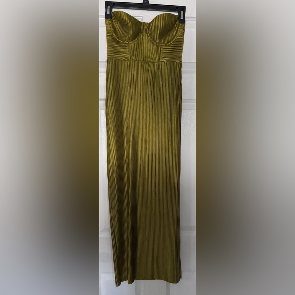Strapless Olive Green Pleated Prom Dress